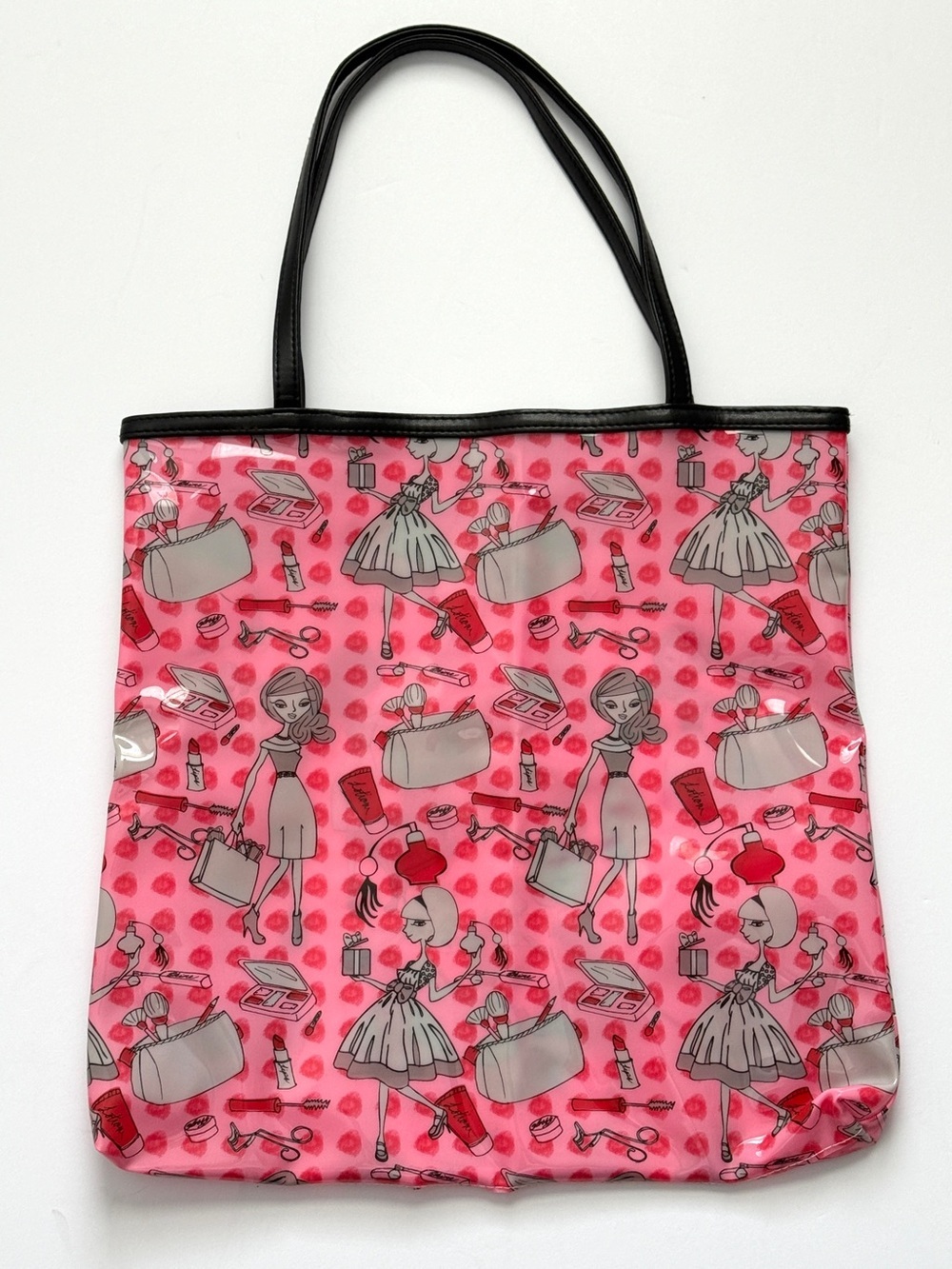 Vintage Vinyl Plastic Tote Bag Pink Shopping Lipstick Lotion